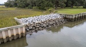Aerial view of a Charleston shoreline showing three shoreline protection methods along a single bank: a vinyl sheet pile bulkhead, a section of grey granite riprap, and an older timber bulkhead, with spartina marsh and live oaks behind.