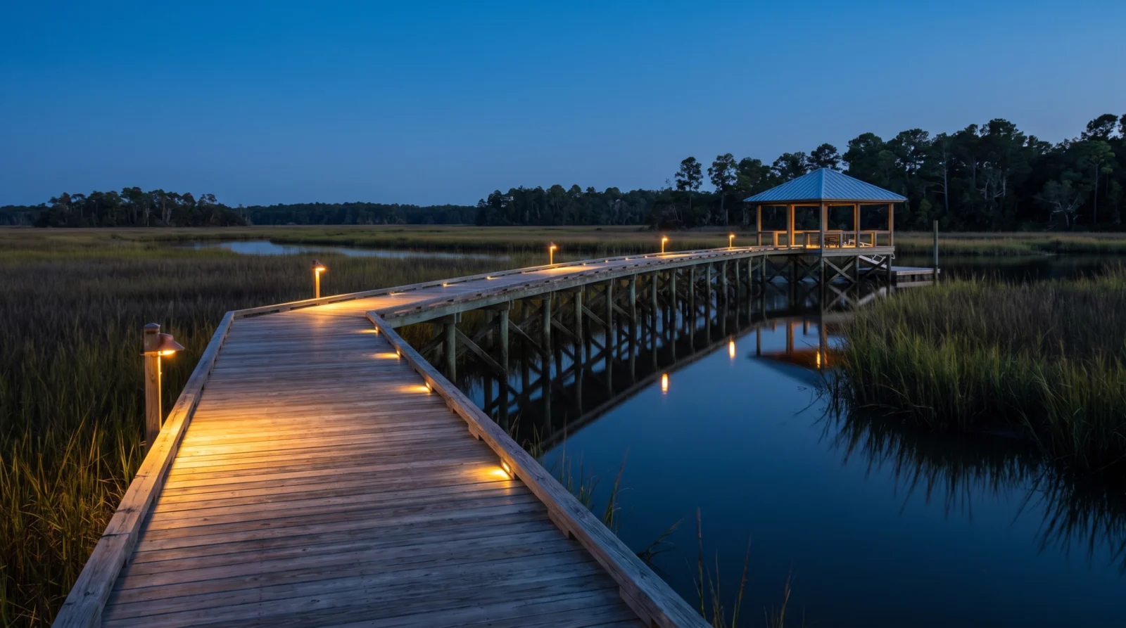 Private Lowcountry dock lit by warm deck and post lights at blue hour over a Charleston salt marsh