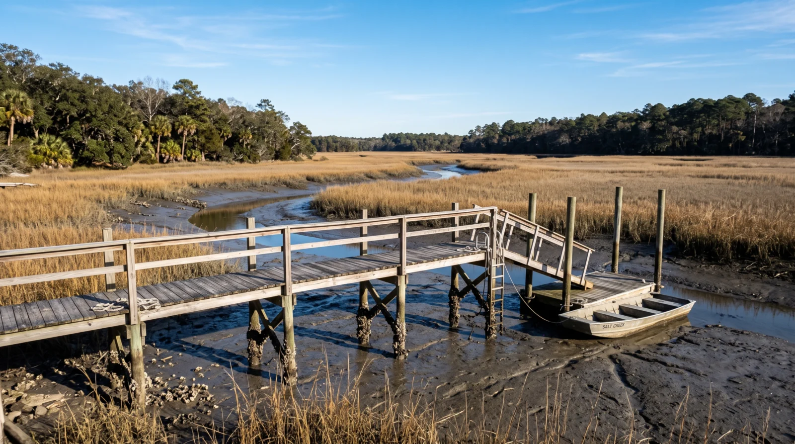 Lowcountry private dock at low tide on a clear winter morning with dormant marsh grass and exposed pilings